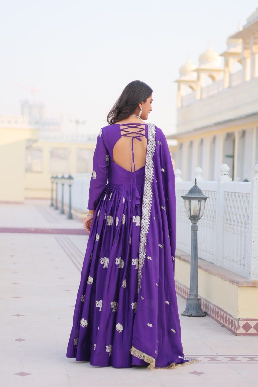 Purple Fox Georgette Embroidery Work Gown - Image 2