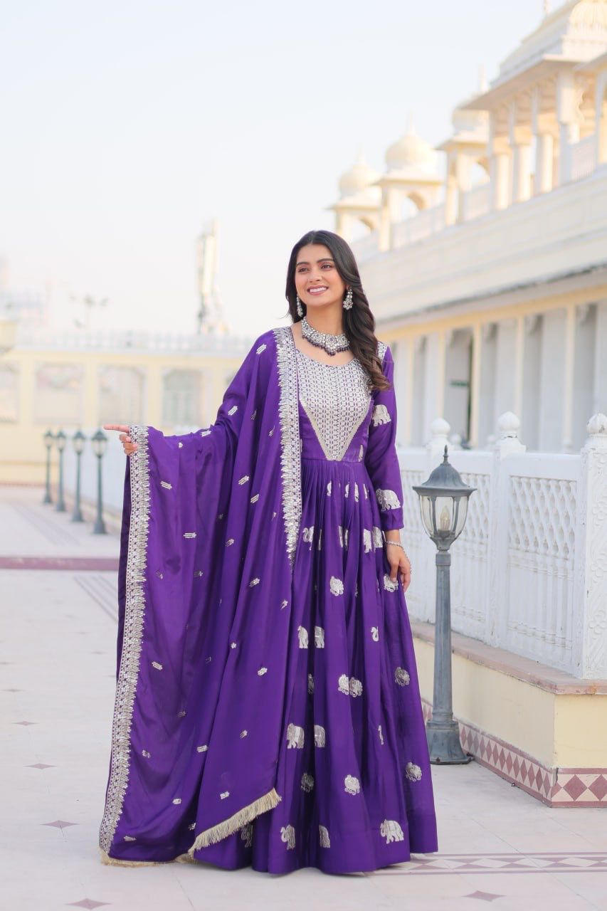 Purple Fox Georgette Embroidery Work Gown