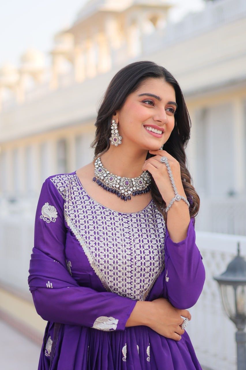 Purple Fox Georgette Embroidery Work Gown - Image 7