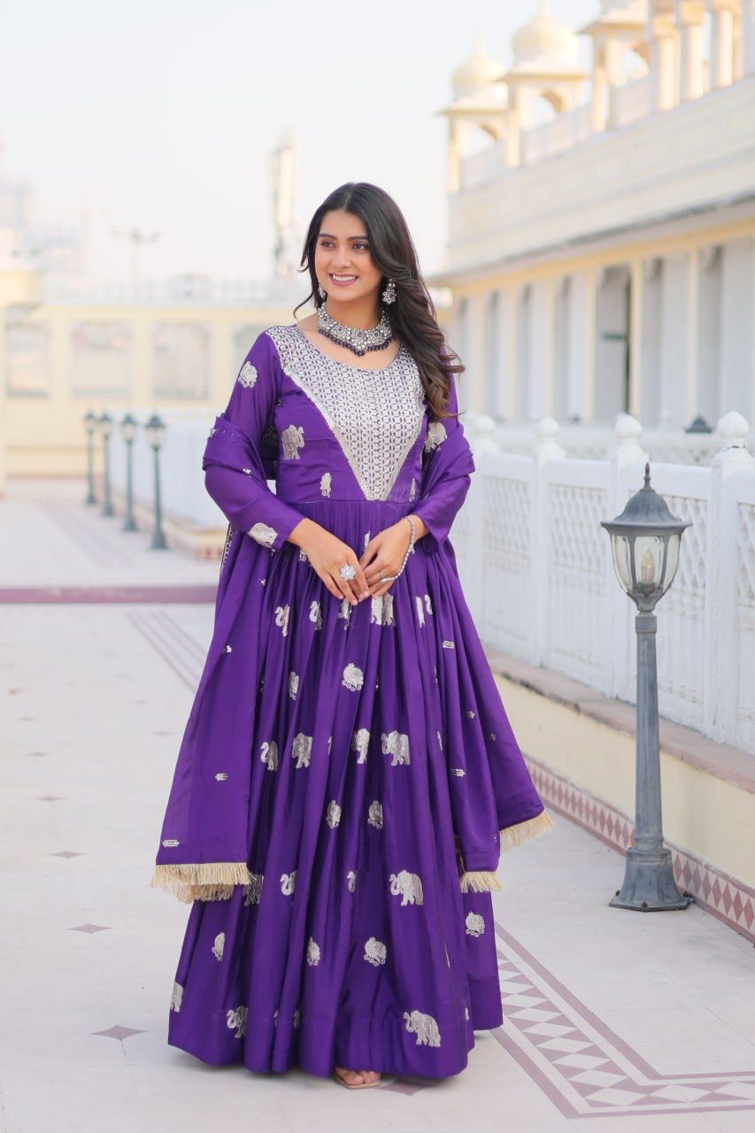 Purple Fox Georgette Embroidery Work Gown - Image 4