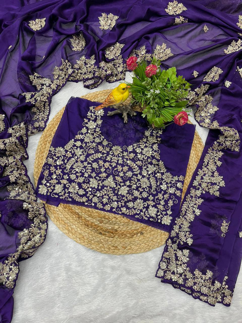 Purple Rangoli Silk Sequins Embroidery Work Saree - Image 4