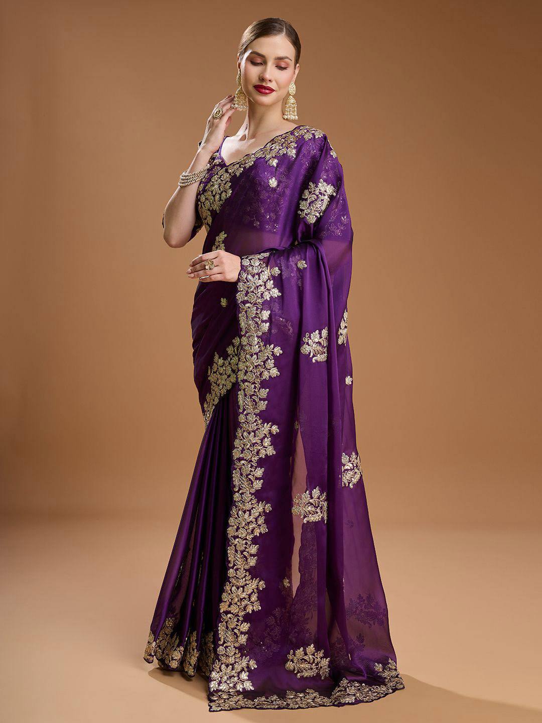 Purple Rangoli Silk Sequins Embroidery Work Saree - Image 3