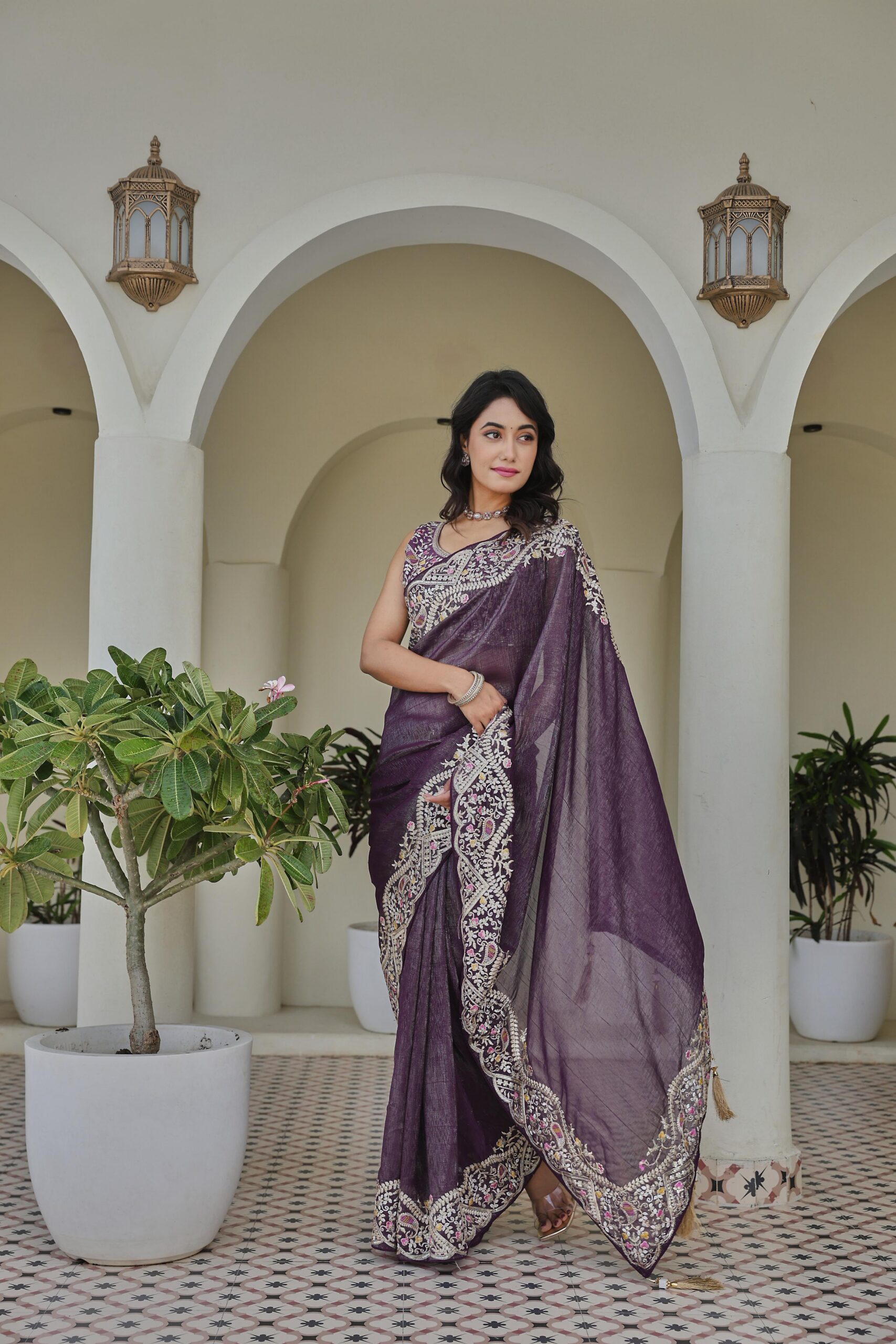 Purple Silver Crunchy Embroidery Work Saree