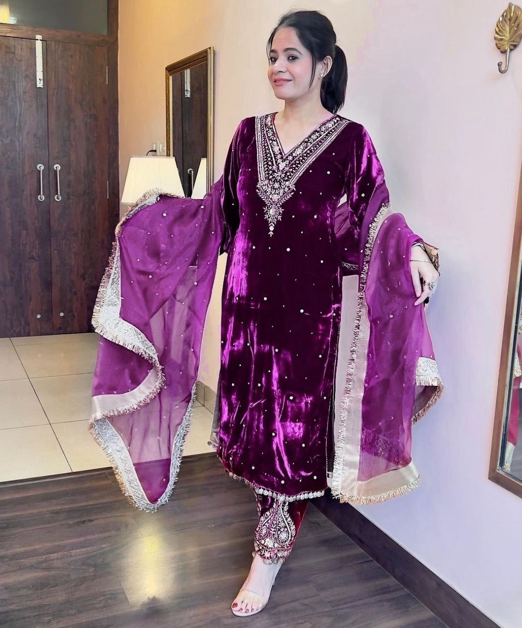 Purple Viscose Velvet Thread Rivet Moti Salwar Suit