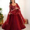 Red Crunchy Silk Embroidery Lace Work Gown