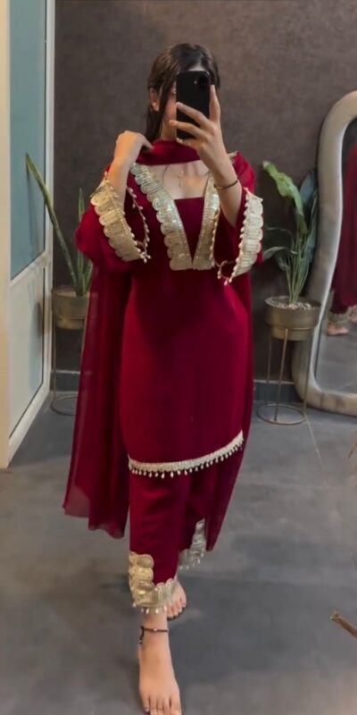 SRK 5306 Red Faux Georgette Salwar Suit with Lace Work & Embroidery Work. Special Price ₹1899. Delivery 4-6 Working Days. Shop now. | Lehenga, Bollywood Lehenga, Creative Lehenga, Designer Lehenga, Embroidered Lehenga, Party Wear Lehenga