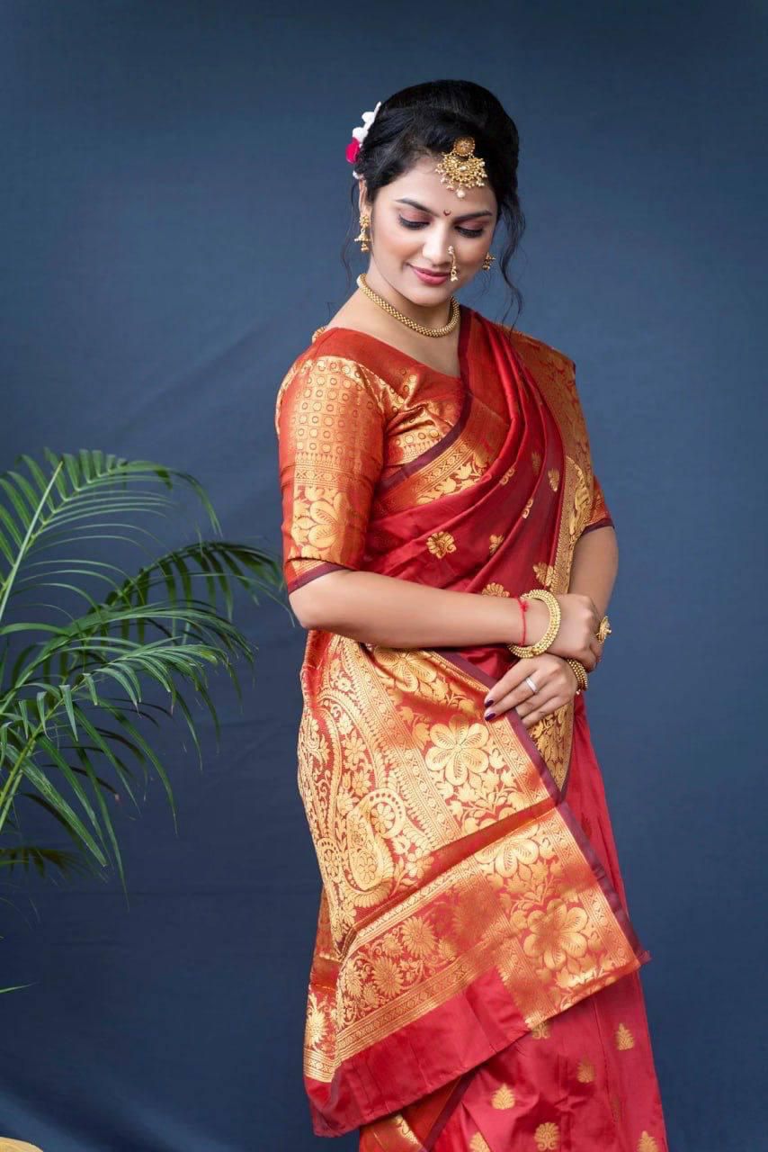 Red Lichi Silk Border Work Saree - Image 4