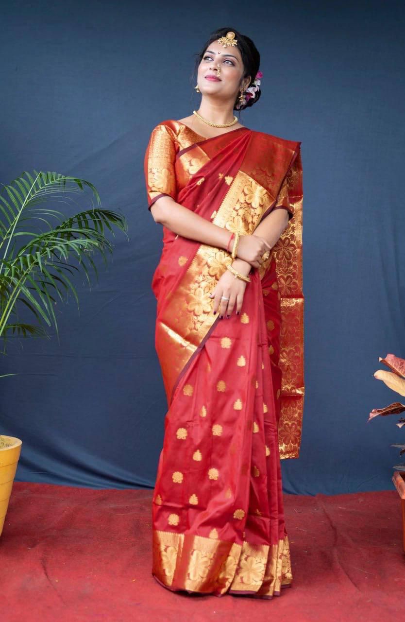 Red Lichi Silk Border Work Saree - Image 3
