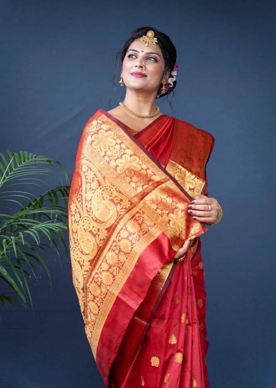 Red Lichi Silk Border Work Saree - Image 2
