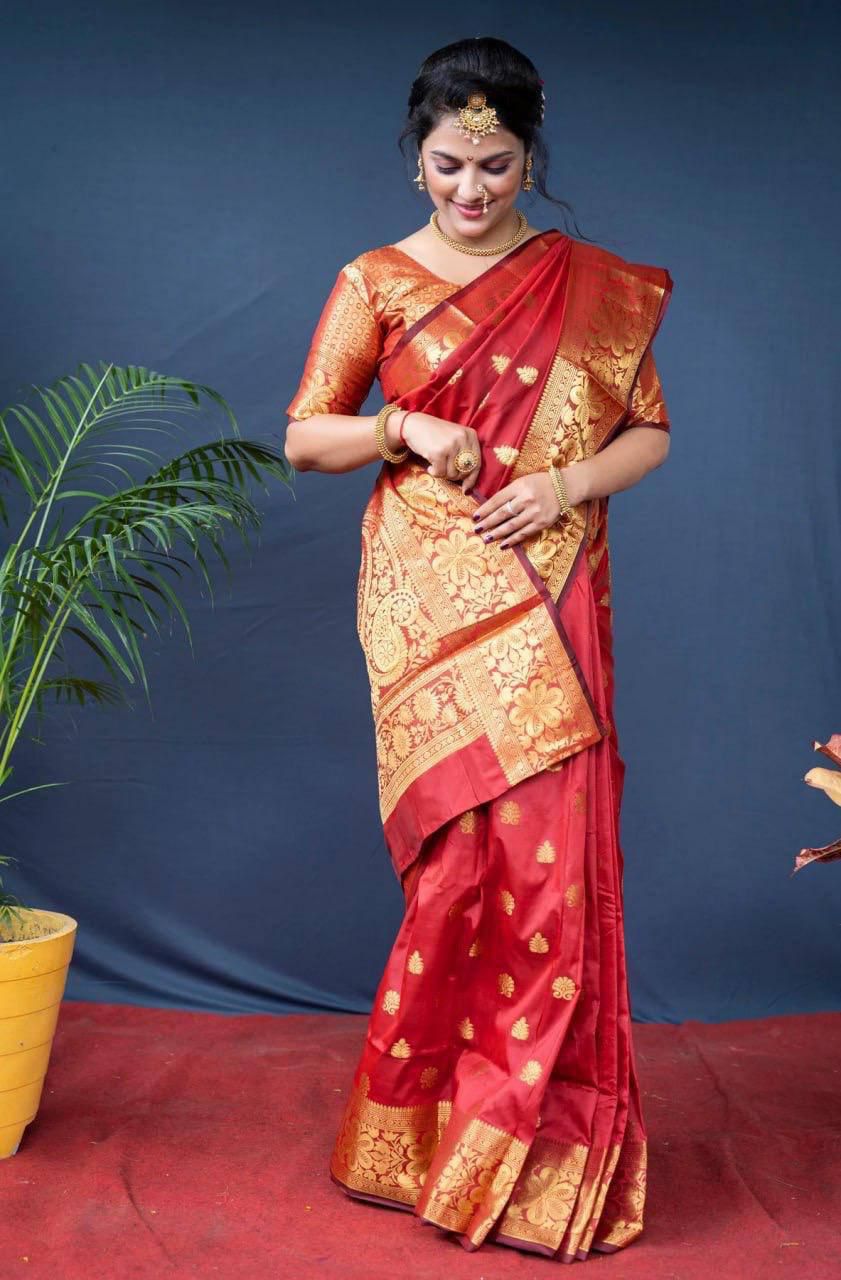 Red Lichi Silk Border Work Saree