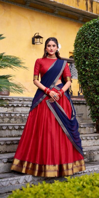 Red Poly Cotton Lace Zari Work Lehenga Choli
