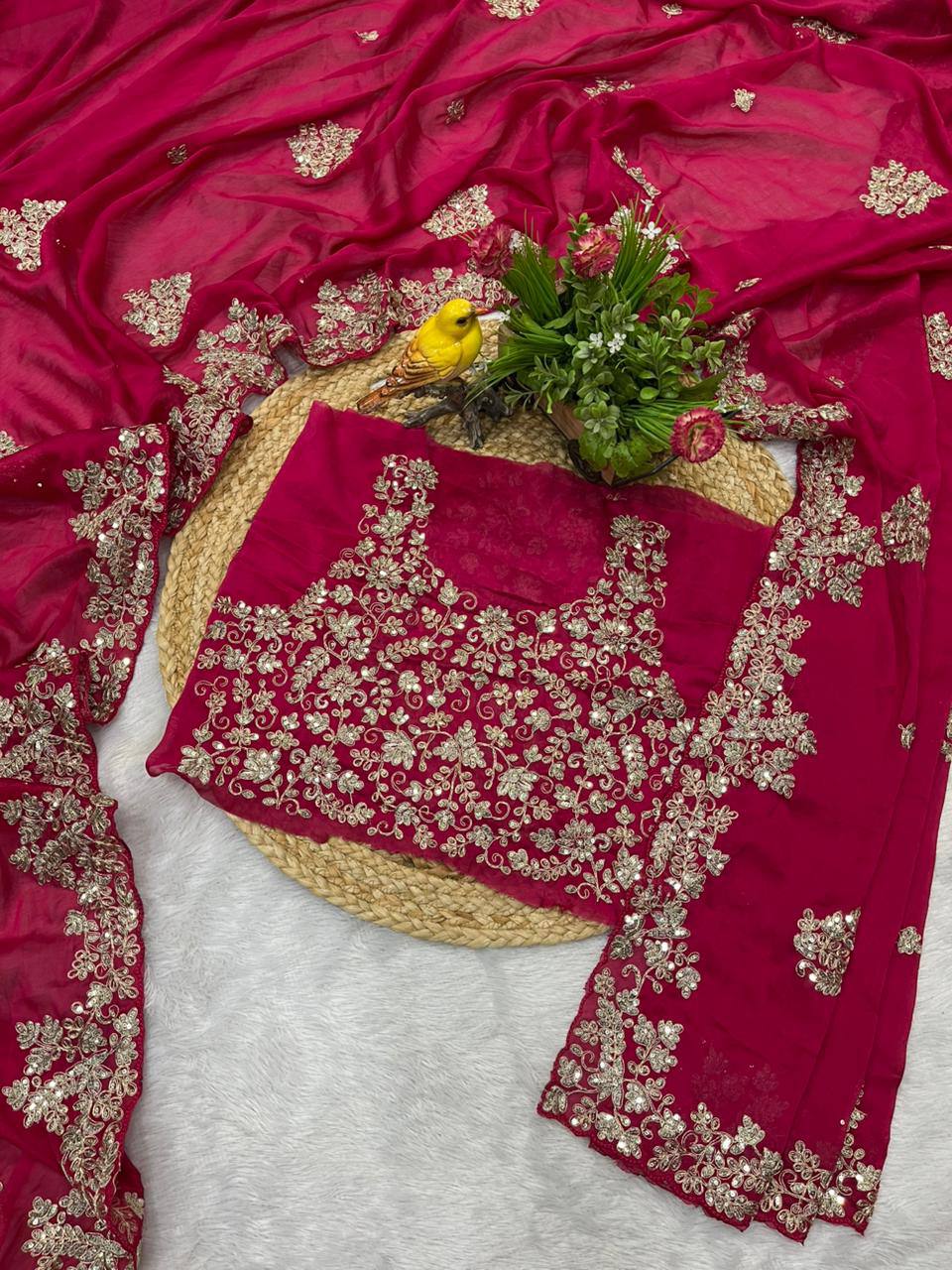 Red Rangoli Silk Sequins Embroidery Work Saree - Image 4
