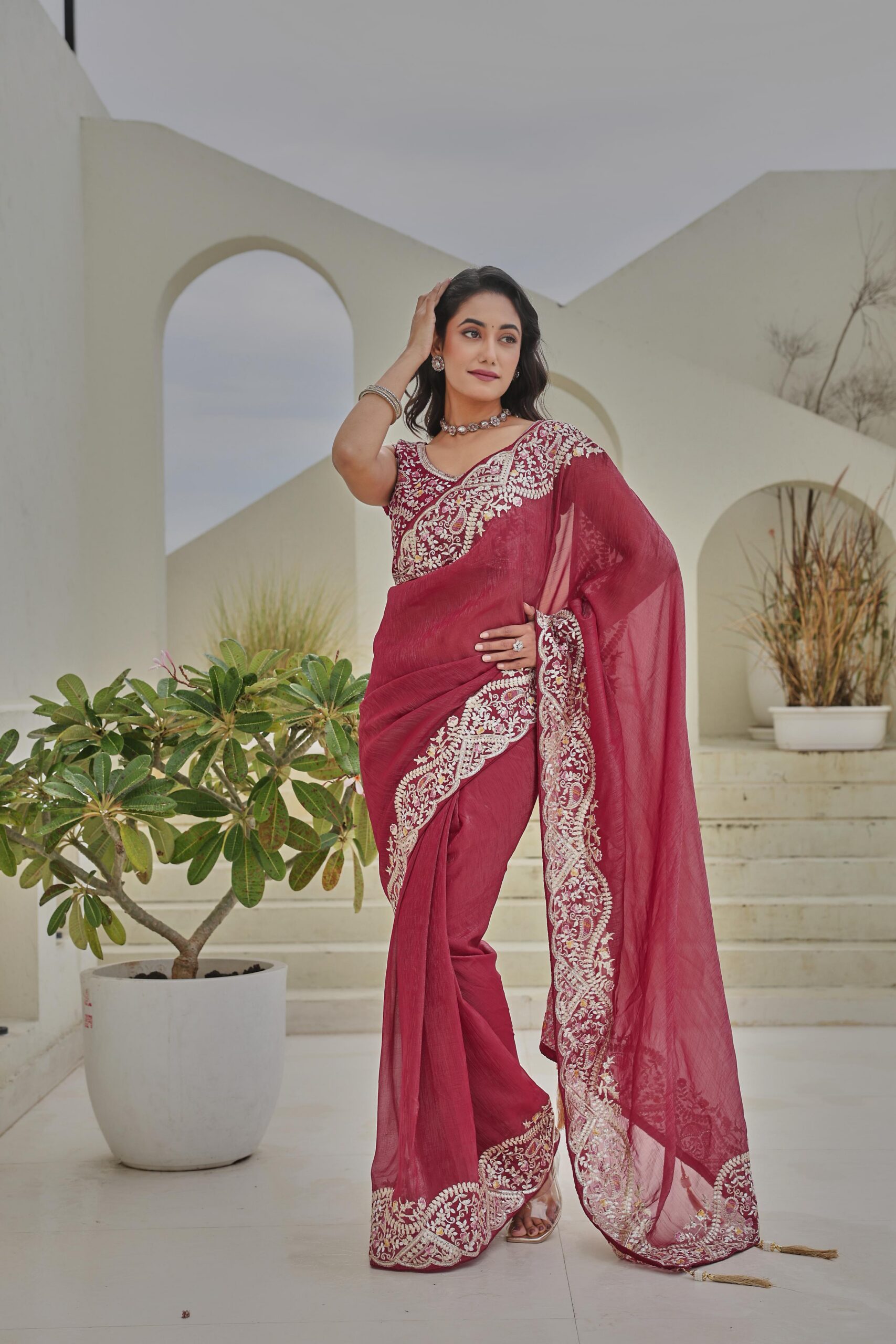 Red Silver Crunchy Embroidery Work Saree