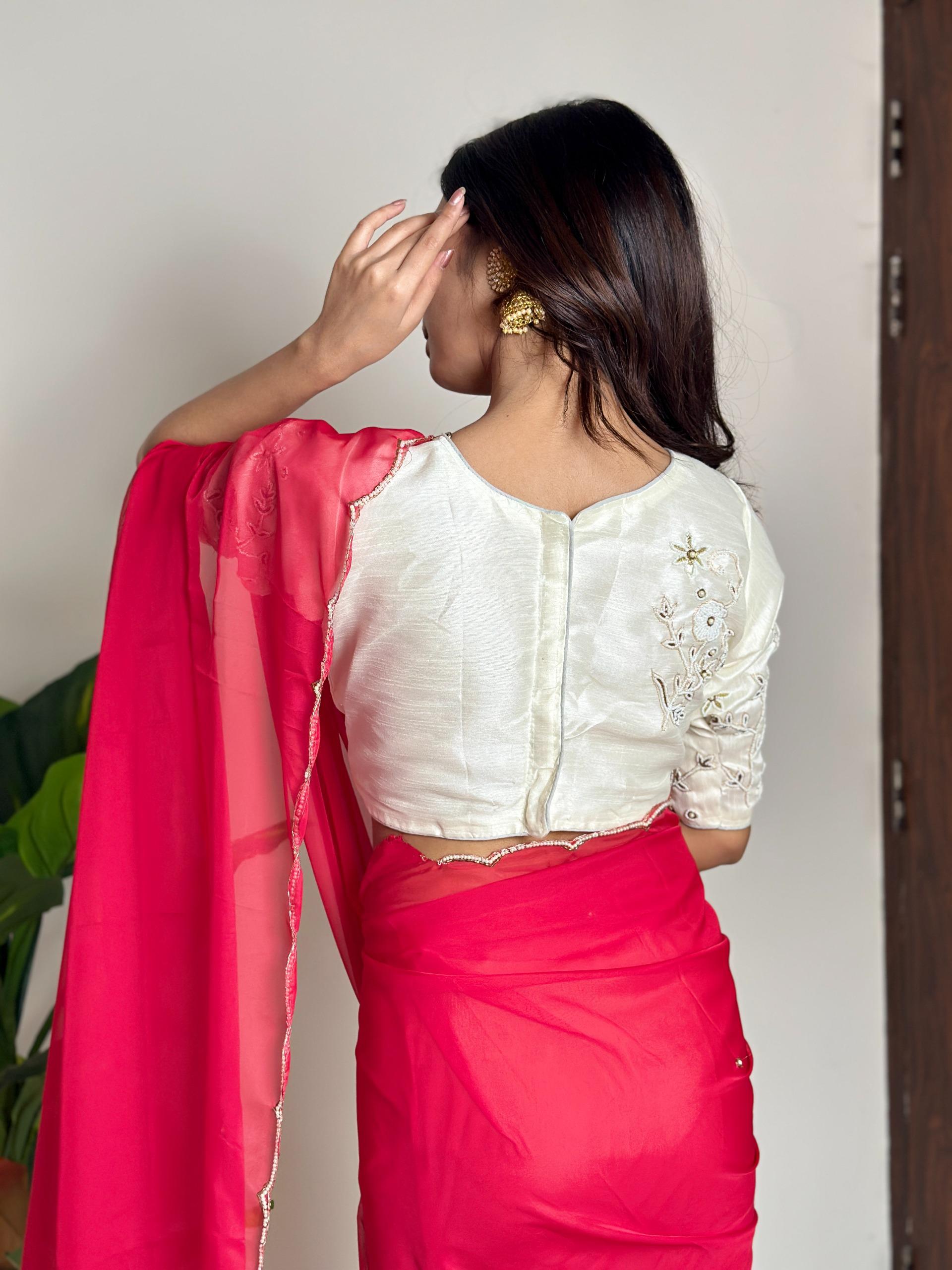 Red Soft Organza With Handwork Saree - Image 2