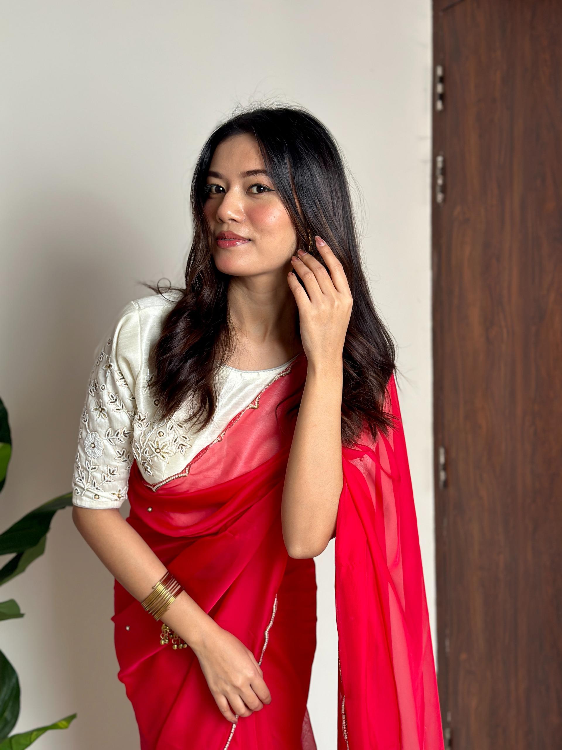 Red Soft Organza With Handwork Saree