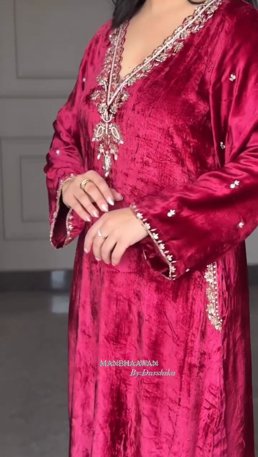 Red Velvet Embroidery Lace Work Salwar Suit - Image 4