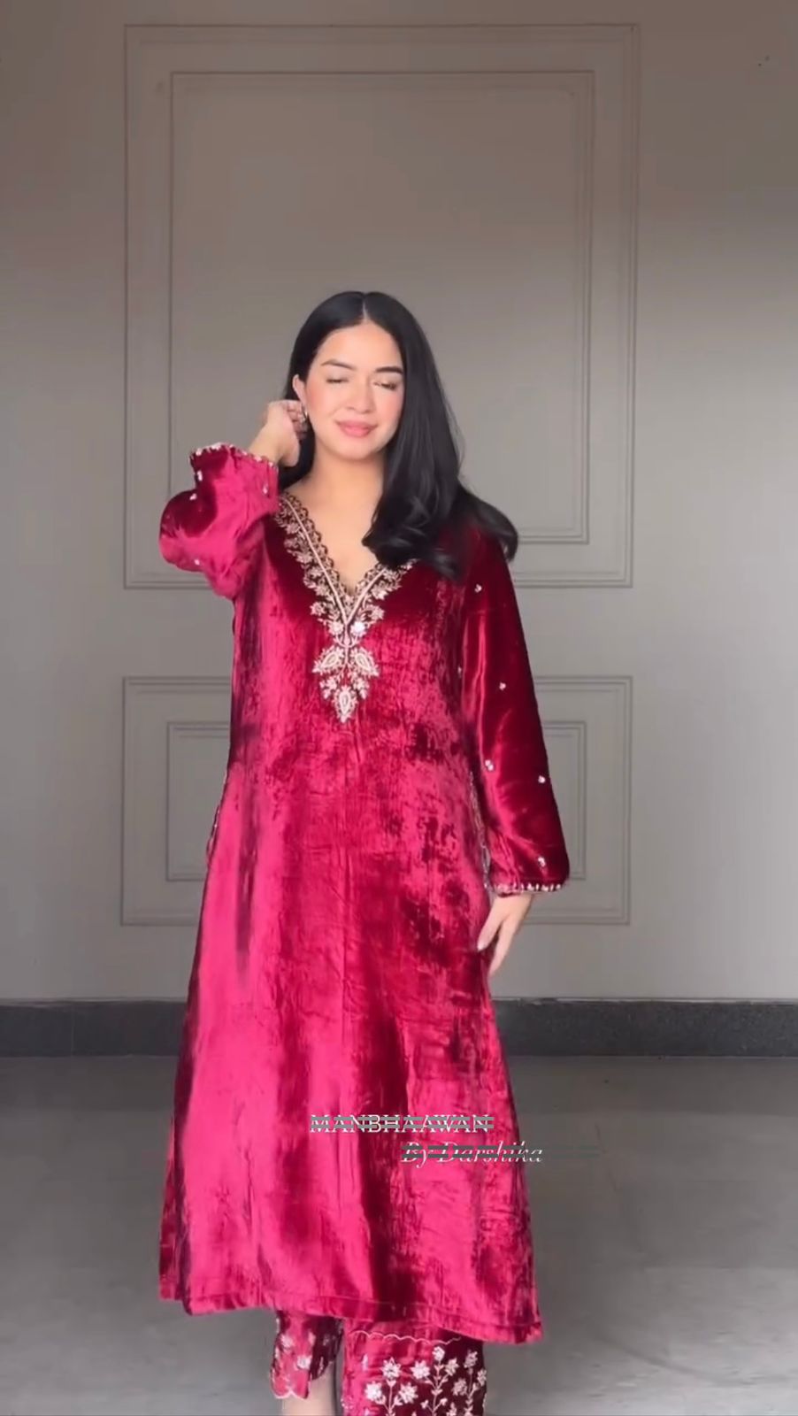 Red Velvet Embroidery Lace Work Salwar Suit