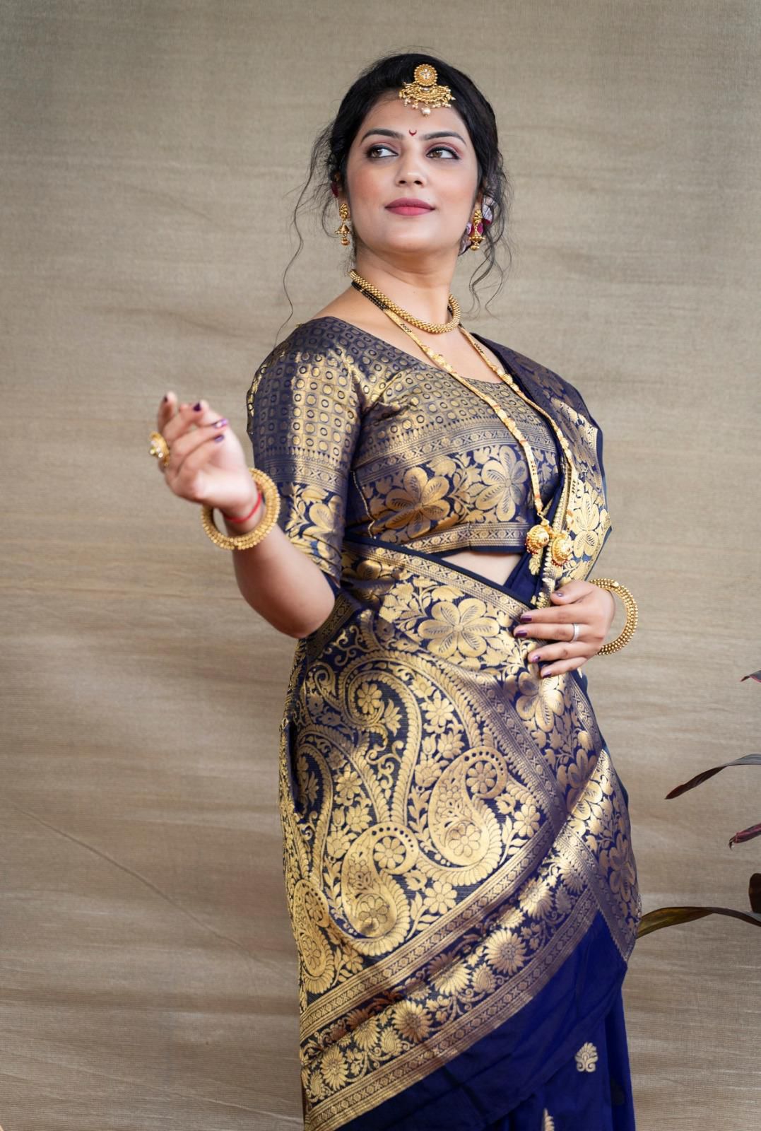 Royal Blue Lichi Silk Border Work Saree - Image 3