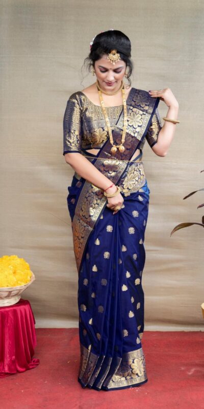 Royal Blue Lichi Silk Border Work Saree