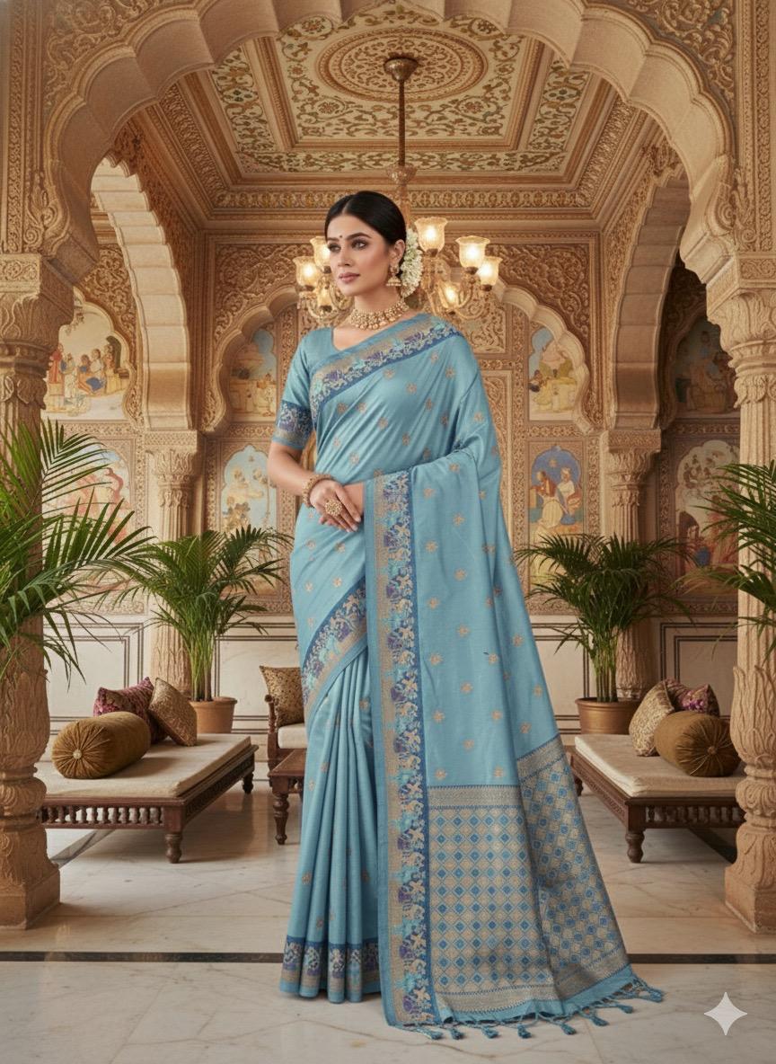Sky Blue Banarasi Silk Zari Weaving Work Saree