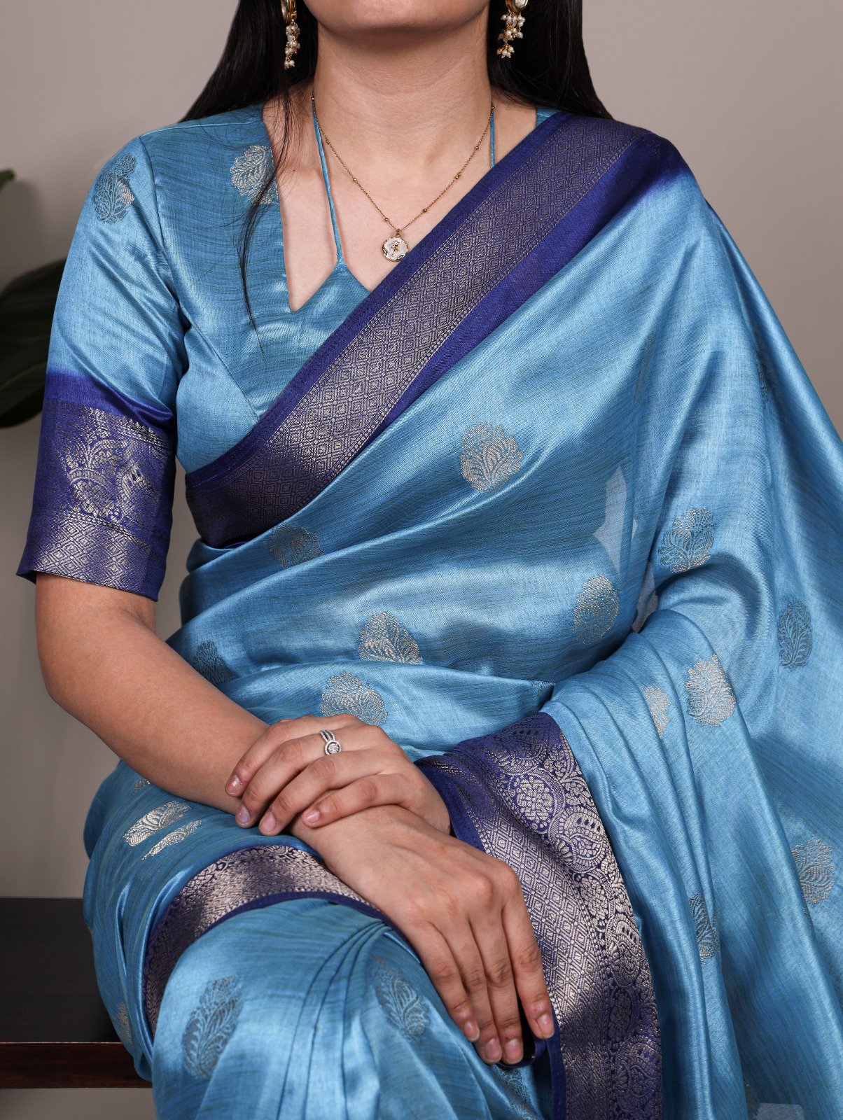 Sky Blue Rumali Silk Zari Work Saree - Image 2