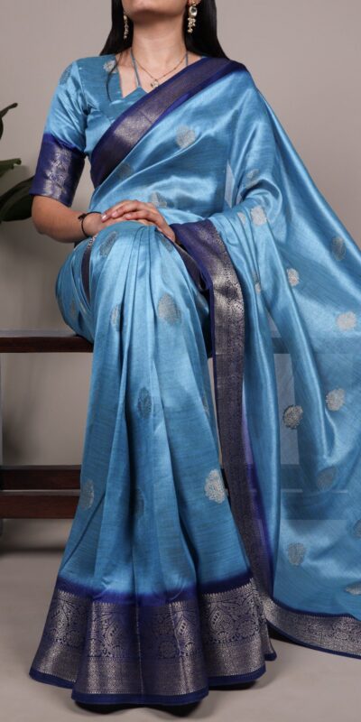 Sky Blue Rumali Silk Zari Work Saree