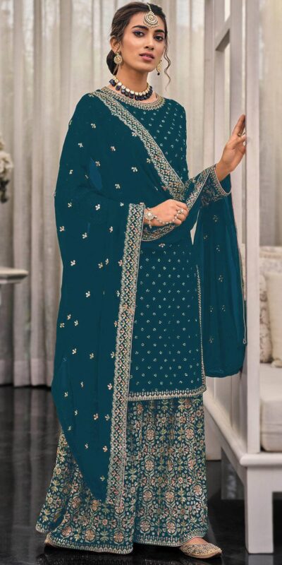 Teal Georgette Embroidery Lace Work Salwar Suit