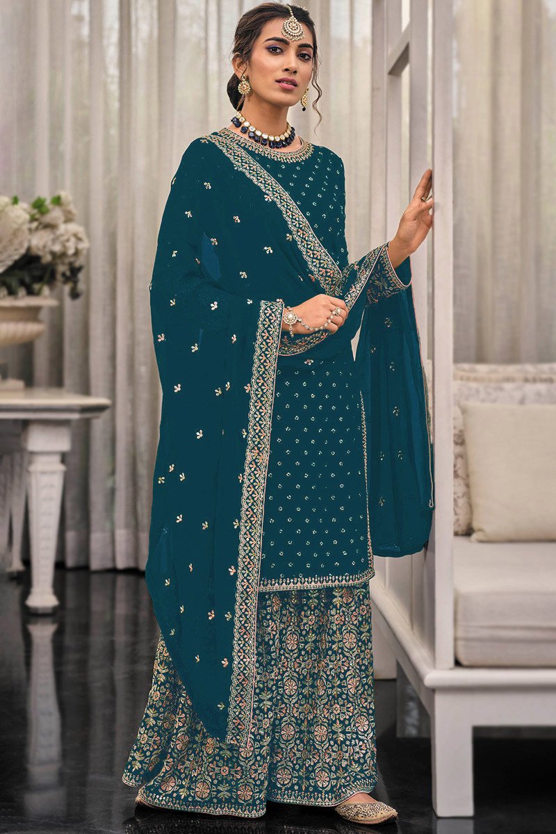 Teal Georgette Embroidery Lace Work Salwar Suit