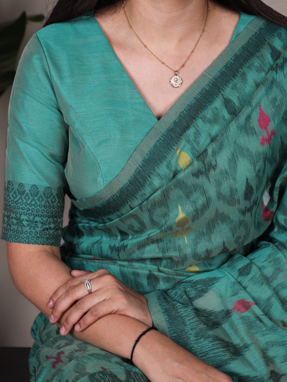 Teal Poly Cotton Thread Weaving Work Saree - Image 2