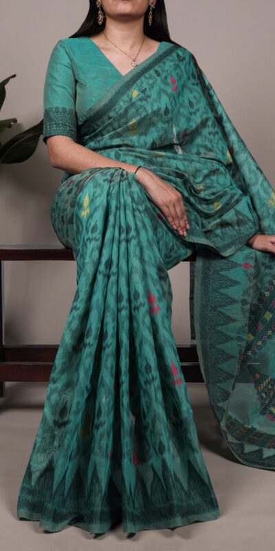Teal Poly Cotton Thread Weaving Work Saree