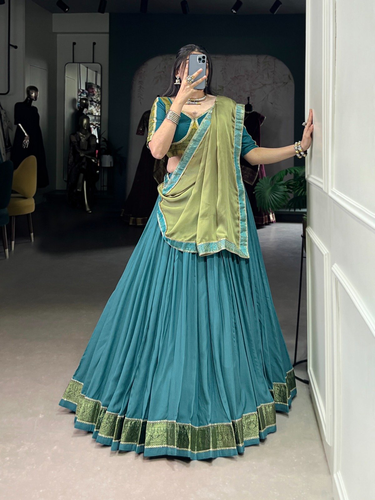 Teal Pure Rayon Zari Lace Work Lehenga Choli - Image 2