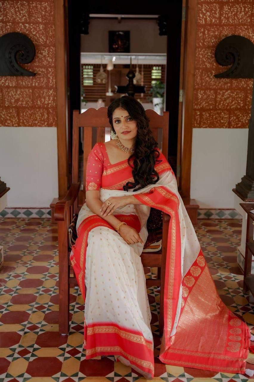 White Lichi Silk Lace Work Saree - Image 3