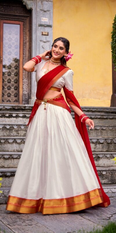 White Poly Cotton Lace Zari Work Lehenga Choli