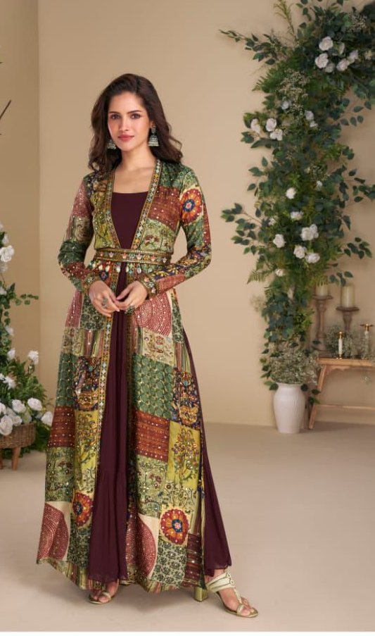 Wine Blooming Georgette Mirror Work Embroider Kurti