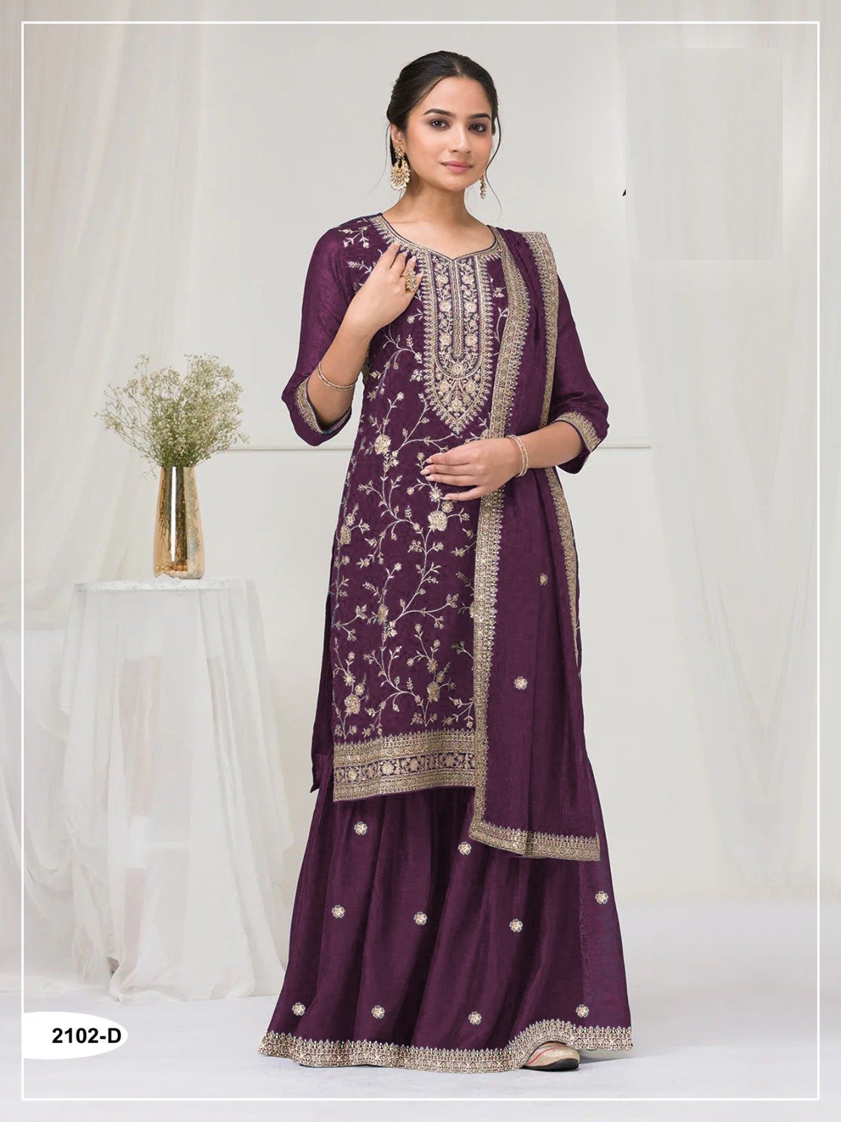 Wine Blooming Vichitra Embroidery Work Salwar Suit