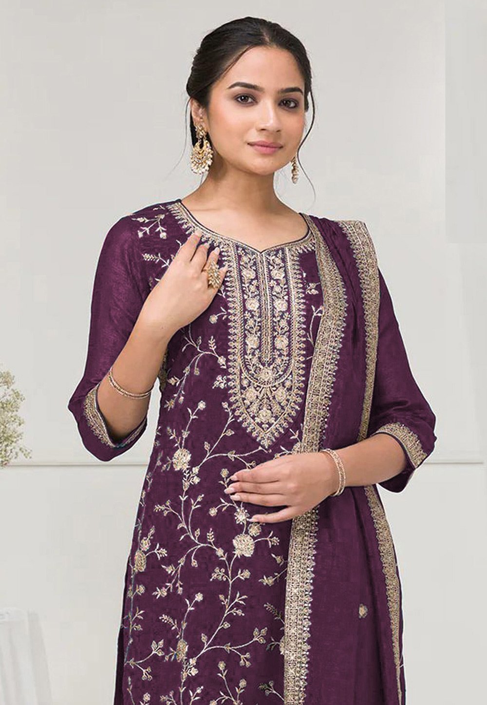 Wine Blooming Vichitra Embroidery Work Salwar Suit - Image 2