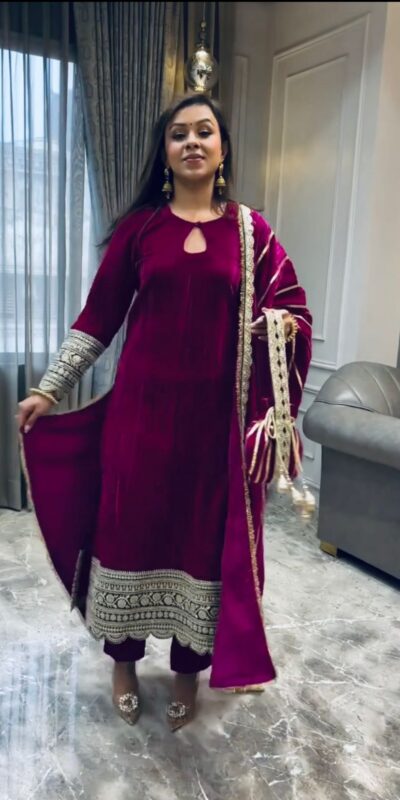 VLM 241 Wine in Crash Viscose Velvet Embroidery Work Salwar Suit . Affordable Price βΉ2399. Delivery 4-6 Working Days. Shop now. | Jump Suits, Salwar suit, Casual Suits, Creative suits, Designer Suits, Palazzo Suits, Party Wear Suits, Patiala Suits, Straight Suits