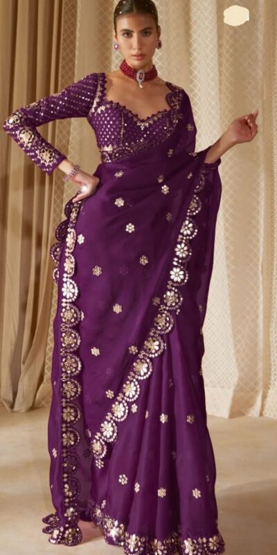 Wine Georgette Mirror Sequence Work Saree