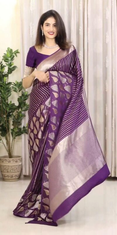 Wine Soft Lichi Silk Border Lace Work Saree