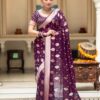 Wine Soft Lichi Silk Jacquard Work Saree