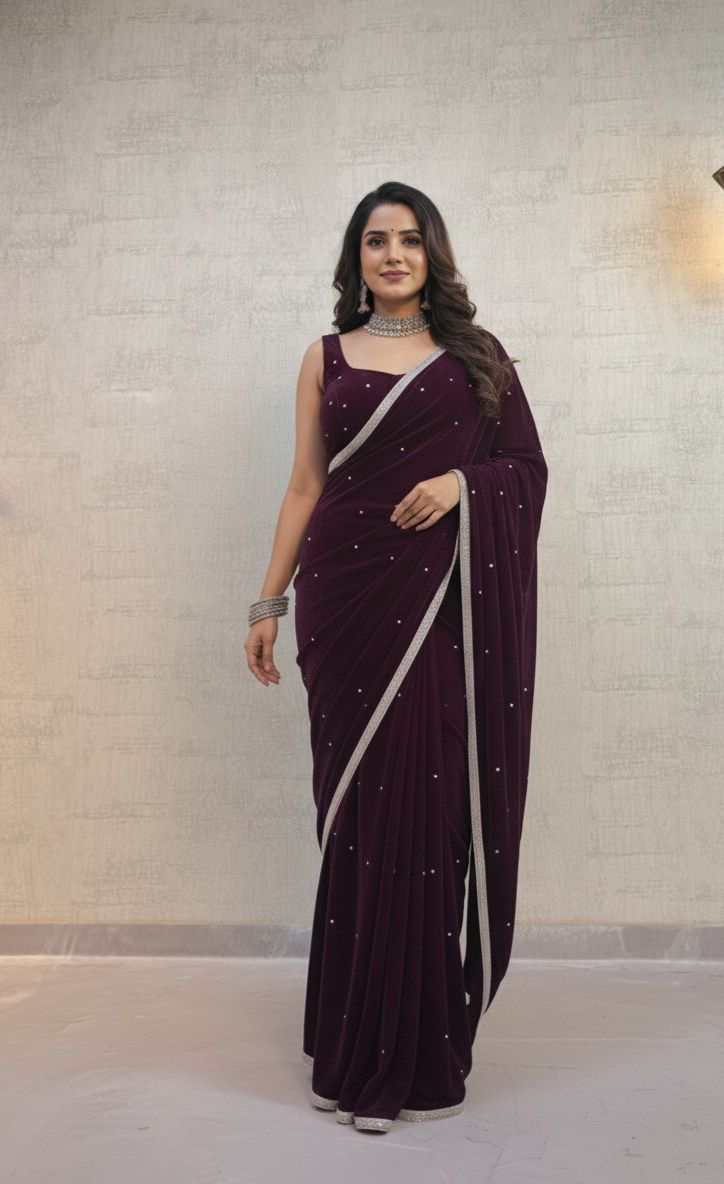 Wine Velvet 9000 Revert Machine Pearl Work Saree