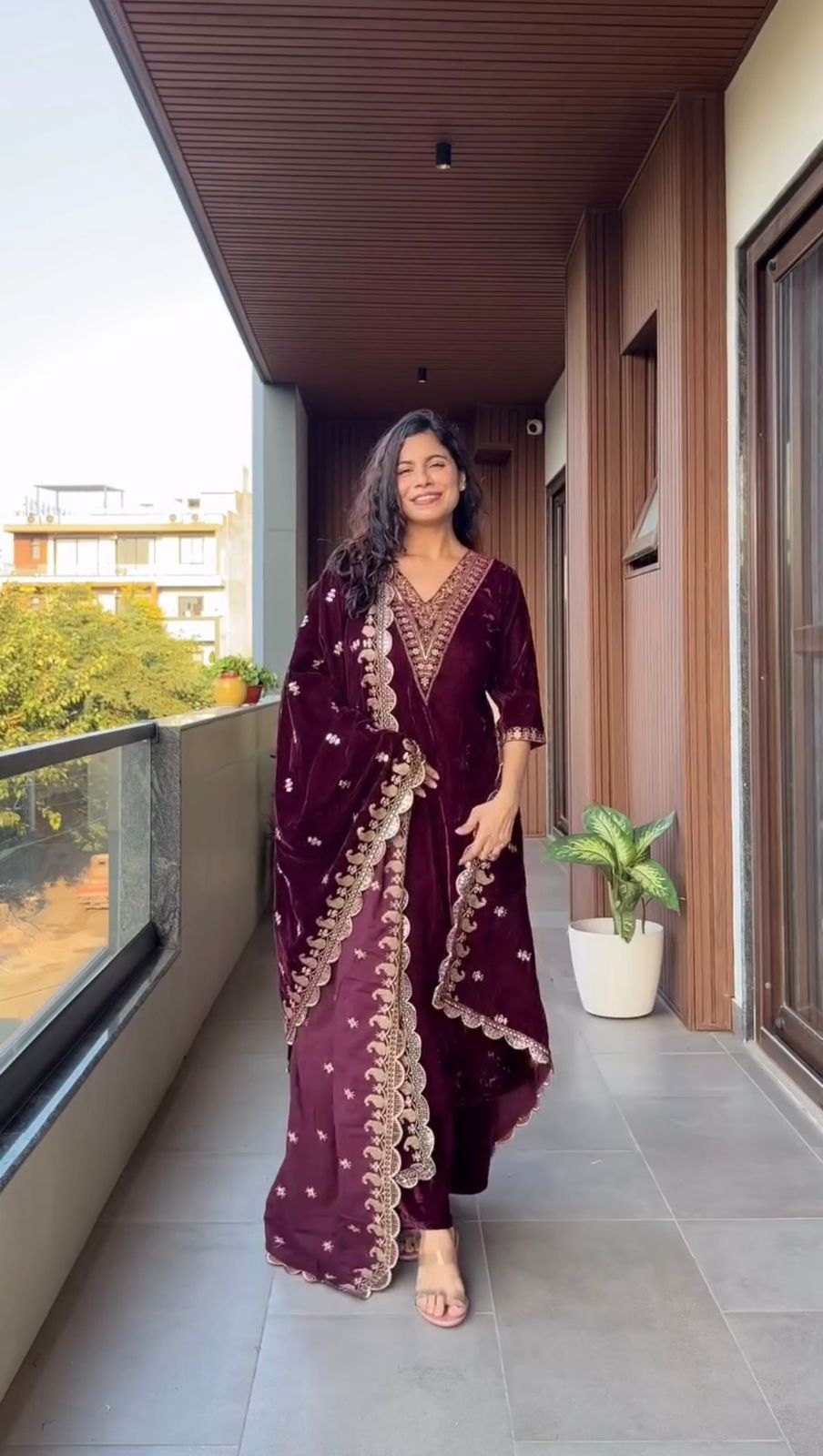 Wine Velvet Embroidery Work Salwar Suit