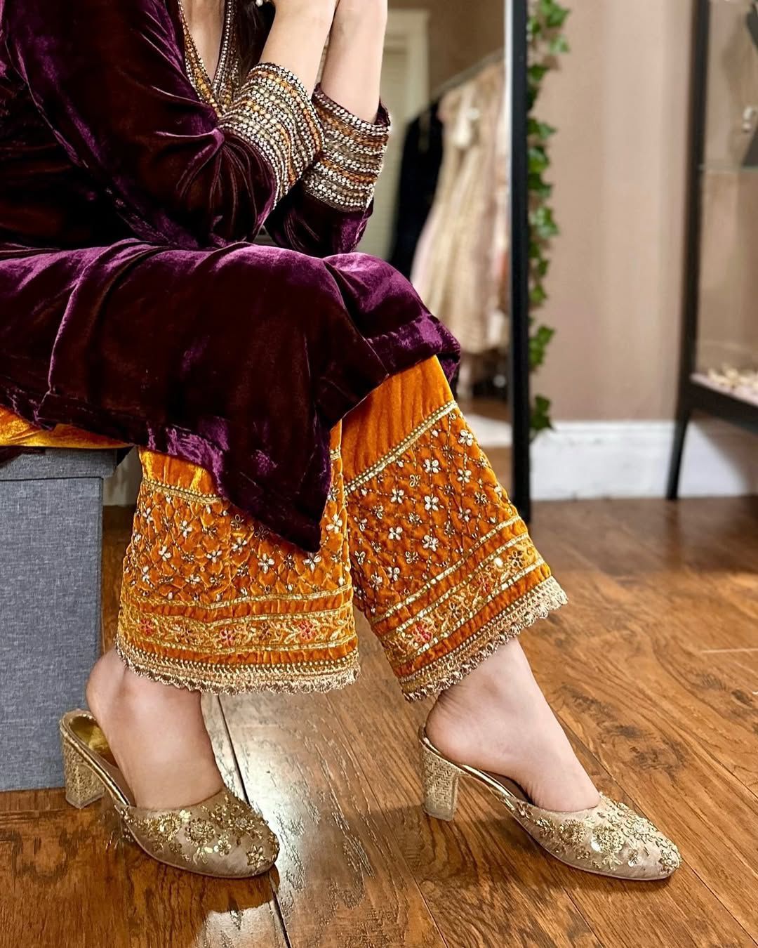 Wine Velvet Mirror Embroidery Work Salwar Suit - Image 4