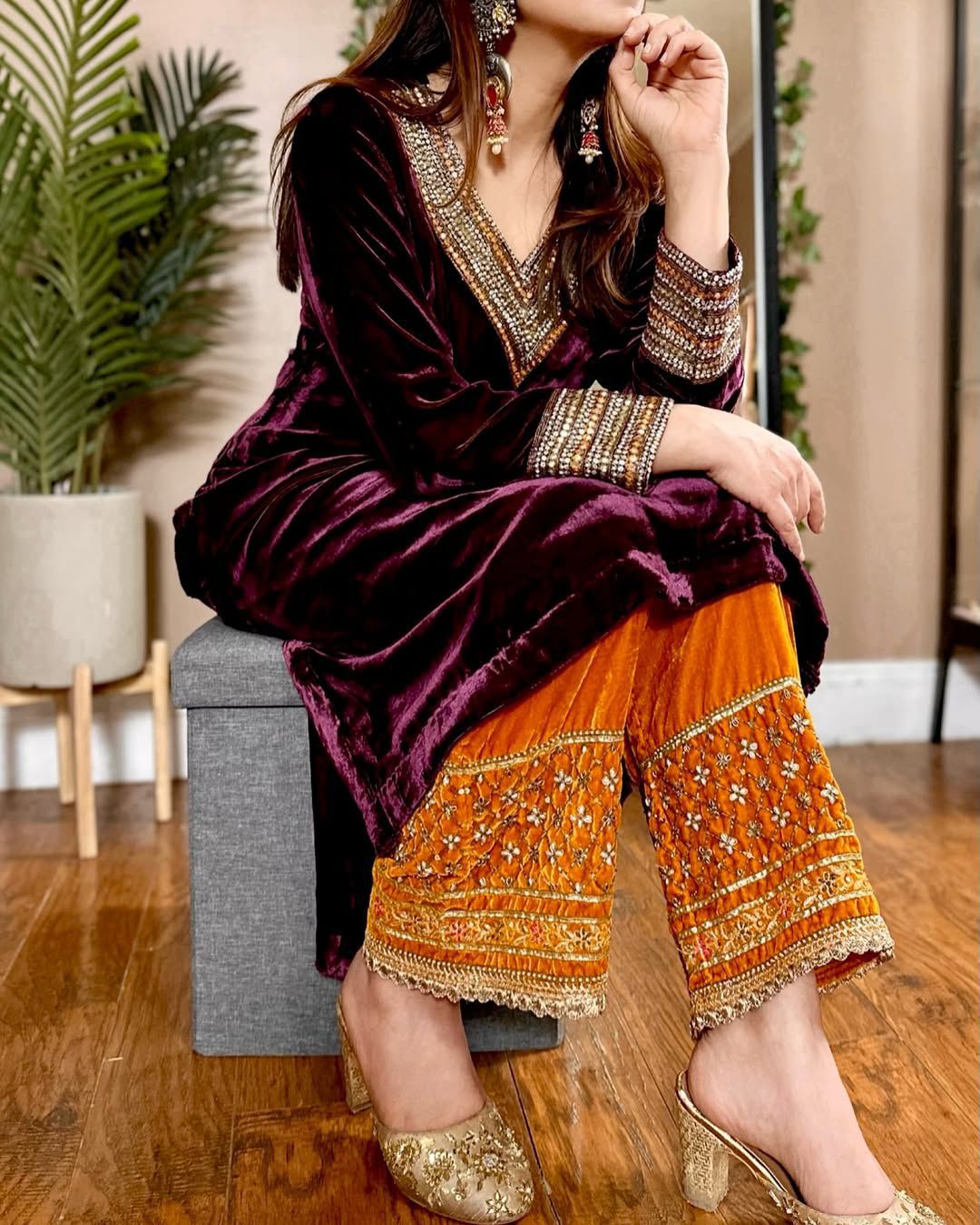 Wine Velvet Mirror Embroidery Work Salwar Suit - Image 3