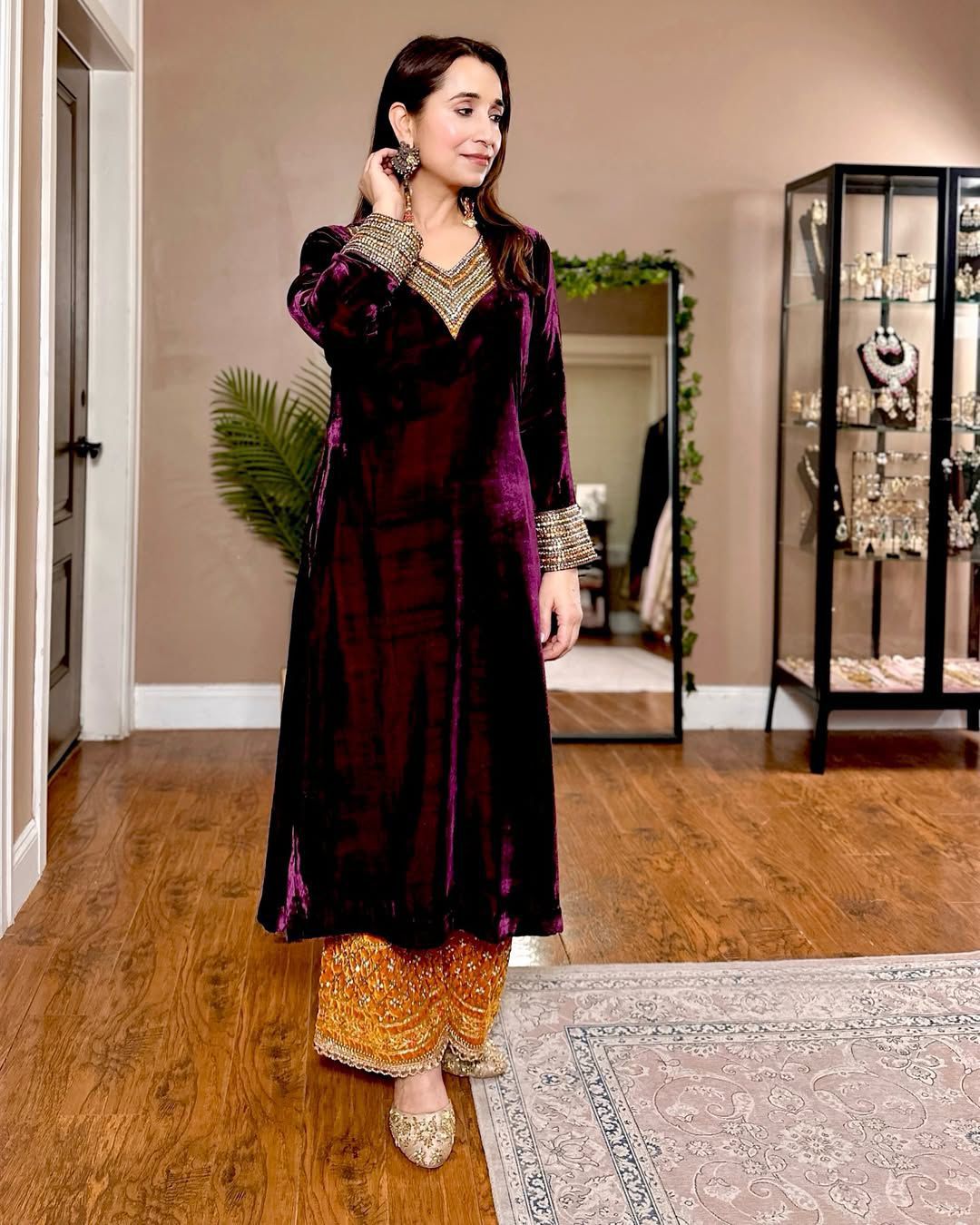 Wine Velvet Mirror Embroidery Work Salwar Suit