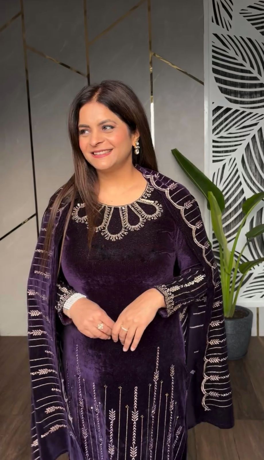 Wine Viscose Velvet With Embroidery Salwar Suit - Image 3