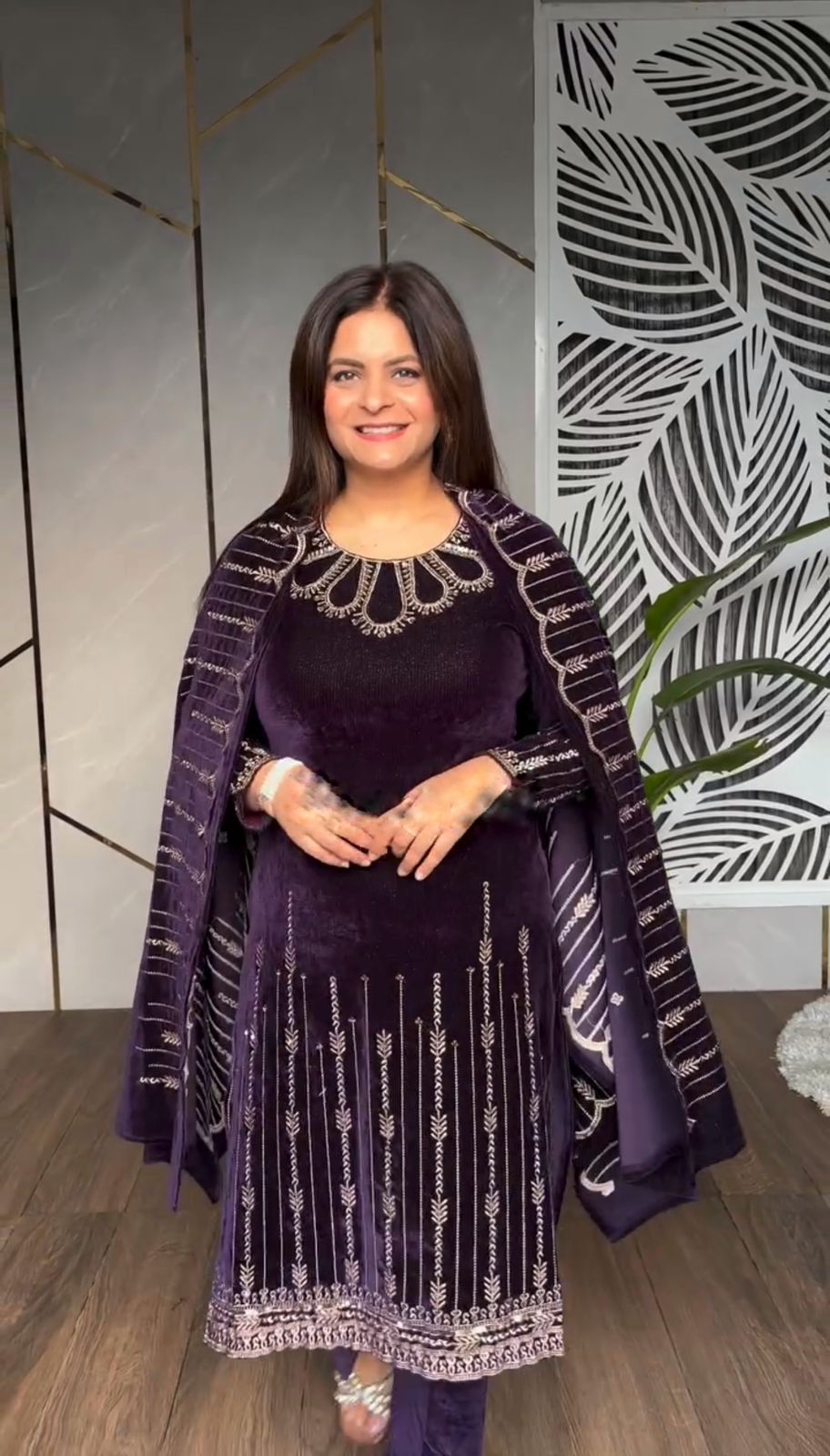 Wine Viscose Velvet With Embroidery Salwar Suit - Image 2