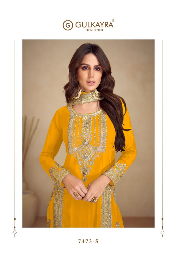 Yellow Chinon Multi Embroidery Work Salwar Suit - Image 2