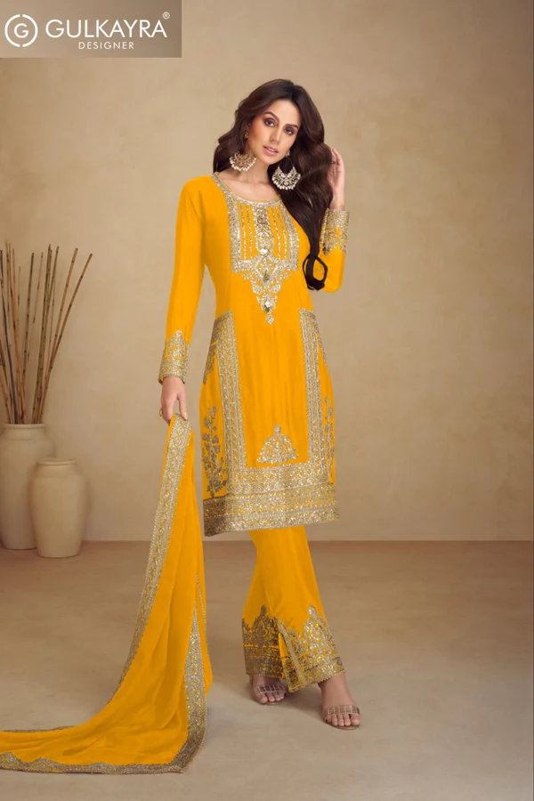Yellow Chinon Multi Embroidery Work Salwar Suit