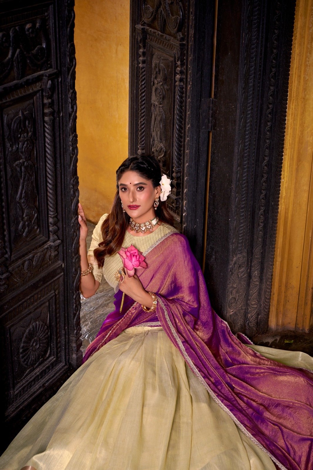 Yellow Dupion Silk Lace Zari Work Lehenga Choli - Image 4